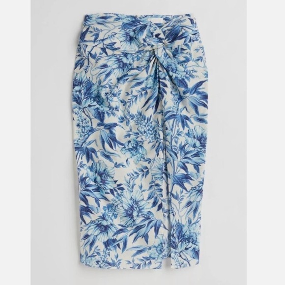 H&M Draped Linen Blend Blue Floral Skirt size 10 NWT T53 - Picture 3 of 8